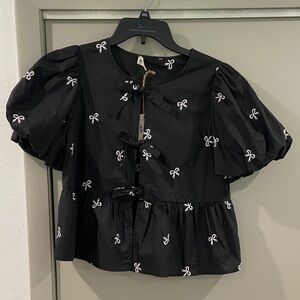 Black Puff Sleeve Top with Bow Accents